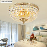 Vintage Golden Bowl Metal Ceiling Light With Clear Crystal Deco - 3 Lights Flush Mount