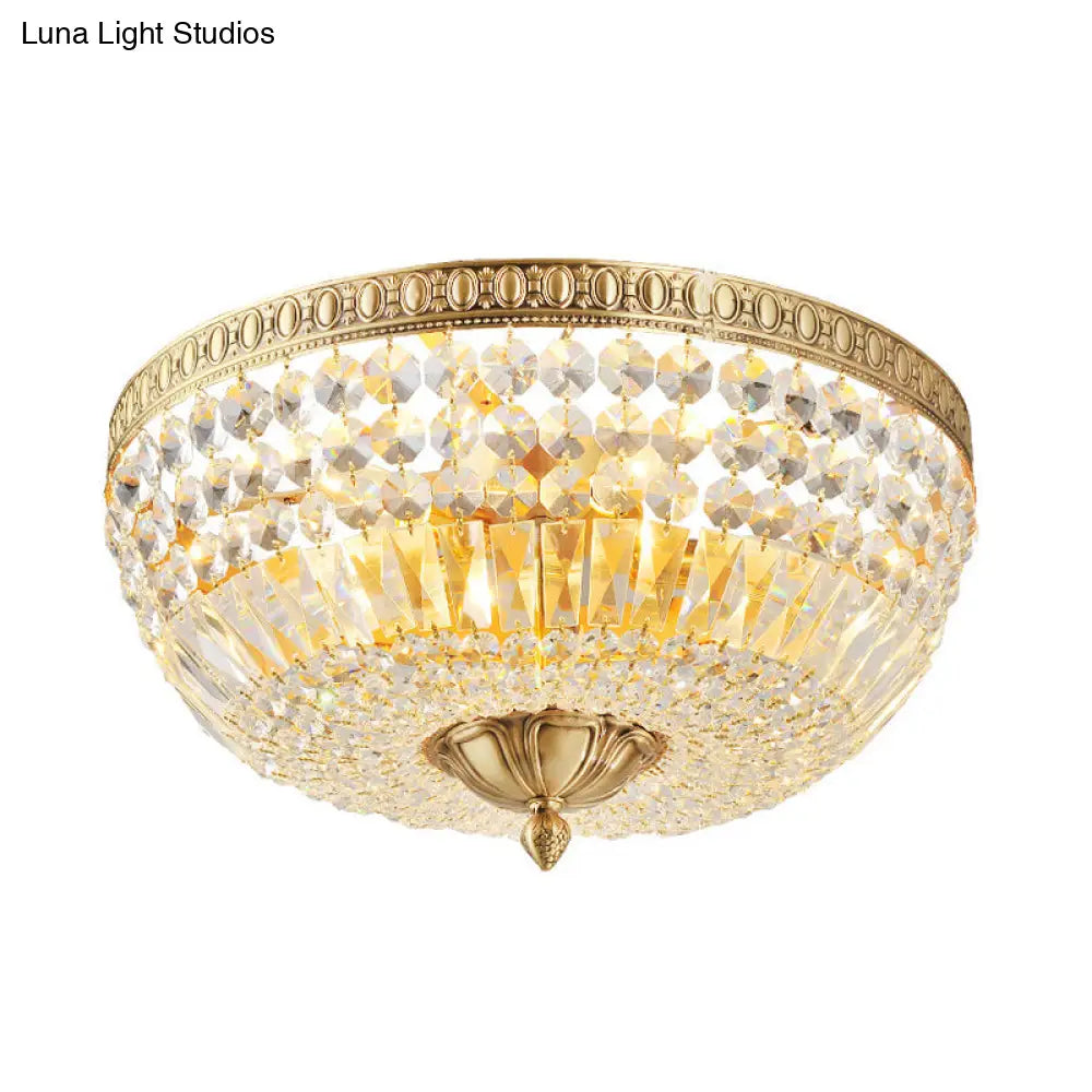 Vintage Golden Bowl Metal Ceiling Light With Clear Crystal Deco - 3 Lights Flush Mount