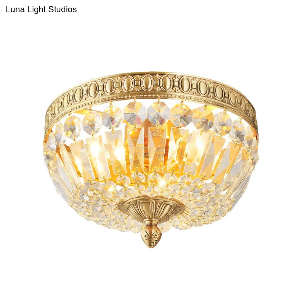 Vintage Golden Bowl Metal Ceiling Light With Clear Crystal Deco - 3 Lights Flush Mount
