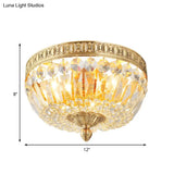 Vintage Golden Bowl Metal Ceiling Light With Clear Crystal Deco - 3 Lights Flush Mount