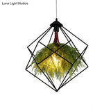 Vintage Green Caged Iron Plant Hanging Lamp - Single-Bulb Pendant For Restaurant Lighting