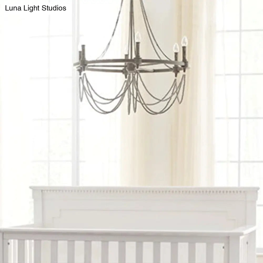 Vintage Grey Metallic Candle Chandelier With Crystal Bead Dining Room Pendant Light