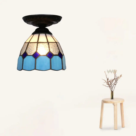 Vintage Handcrafted Stained Glass Ceiling Light With Single Flower Design For Aisle Black / Blue