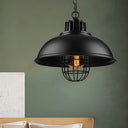 Vintage Hanging Lamp With Black/White Metallic Dome Shade & Wire Cage Black