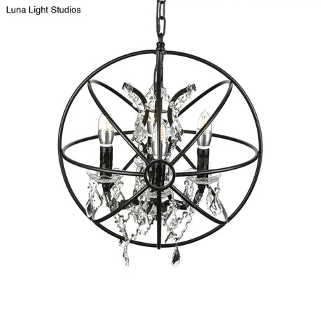 Vintage Hanging Lamp With Globe Cage Shade And Crystal Decoration - Black Iron Chandelier Lighting