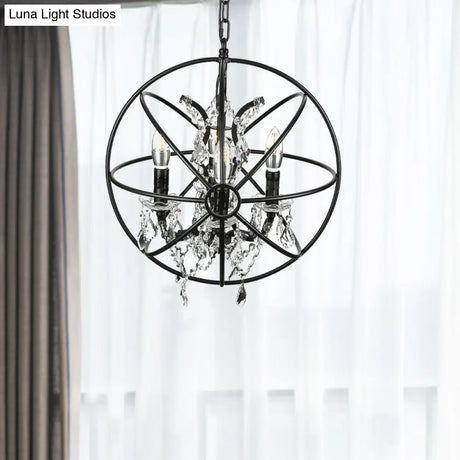Vintage Hanging Lamp With Globe Cage Shade And Crystal Decoration - Black Iron Chandelier Lighting
