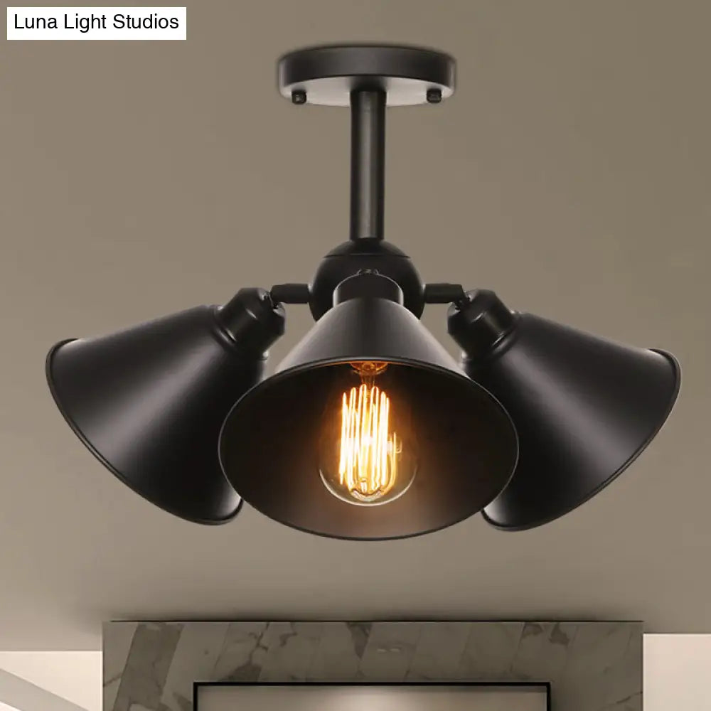 Vintage Indoor Ceiling Light - Black Flush Mount With Metallic Cone/Saucer Shade
