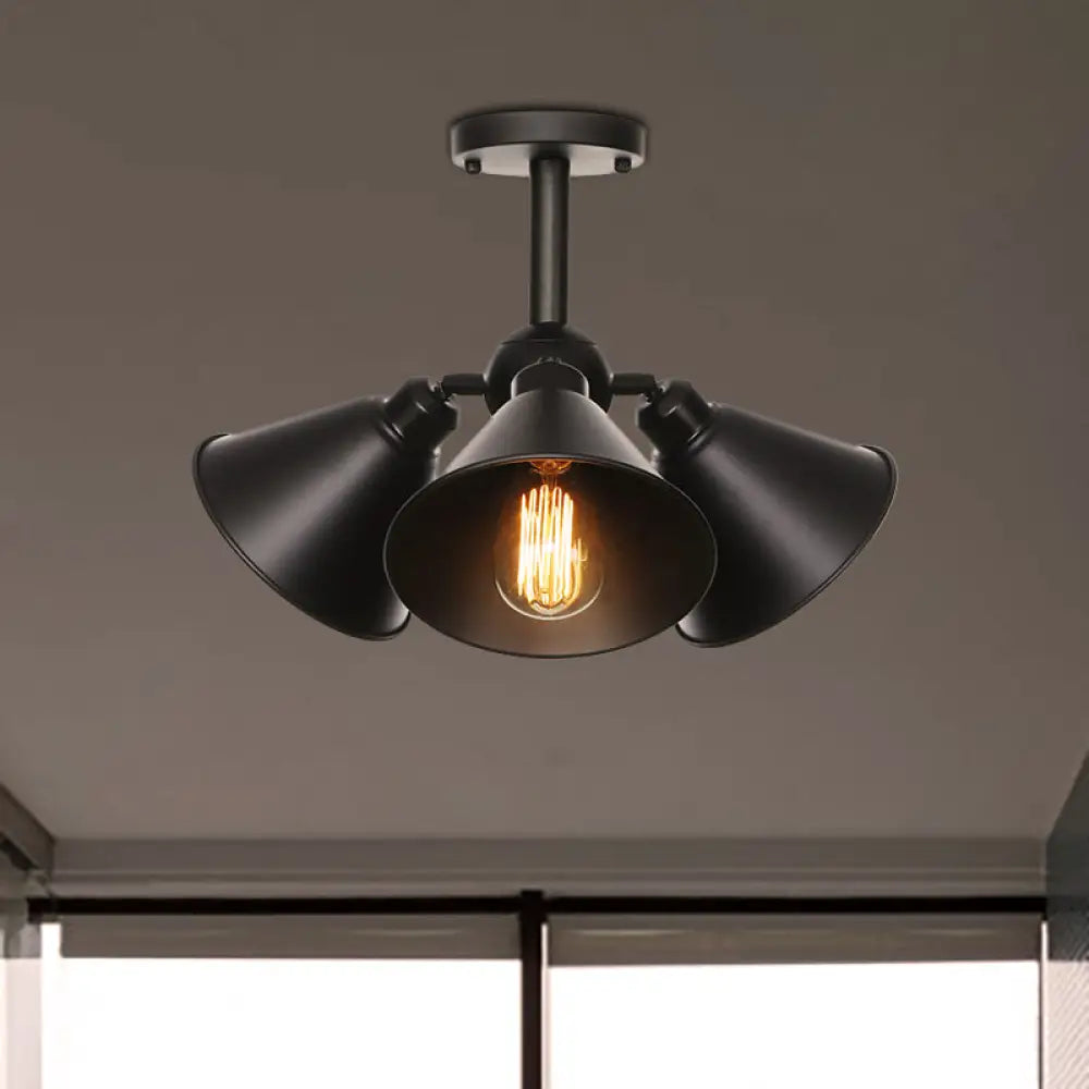 Vintage Indoor Ceiling Light - Black Flush Mount With Metallic Cone/Saucer Shade / Cone