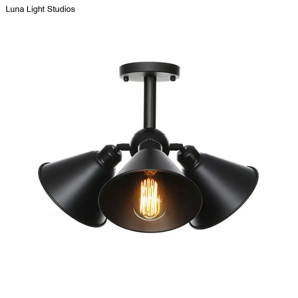 Vintage Indoor Ceiling Light - Black Flush Mount With Metallic Cone/Saucer Shade