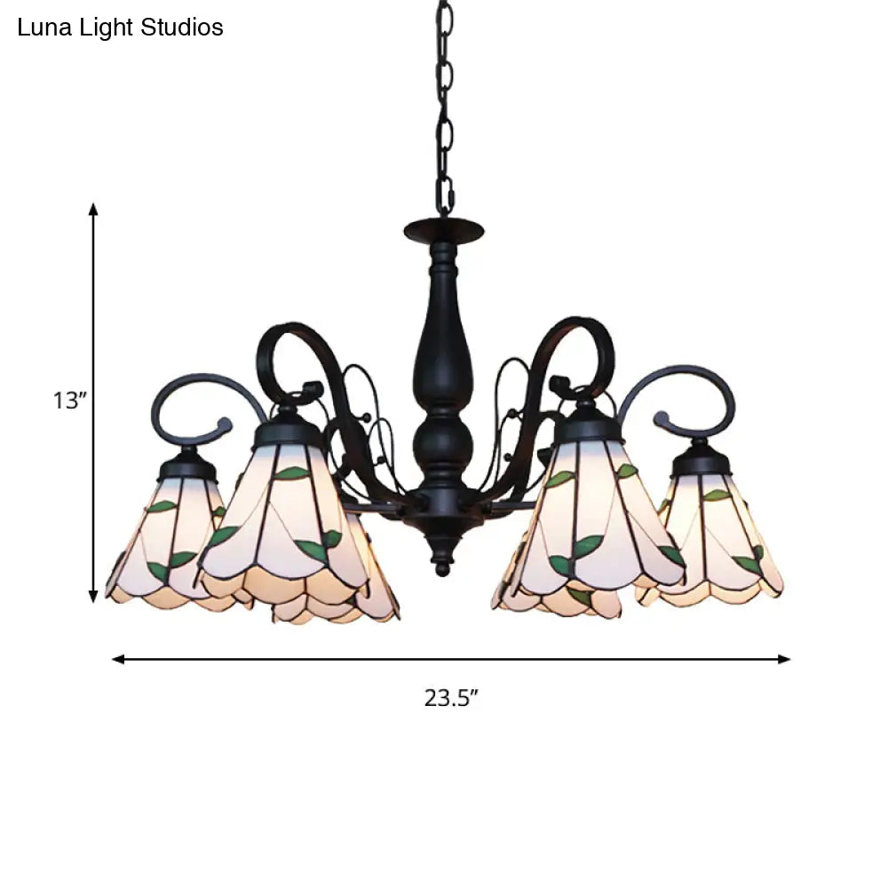 Vintage Indoor Lighting: Multi Light Cone Chandelier With Rhombus/Leaf Pattern Beige Glass For