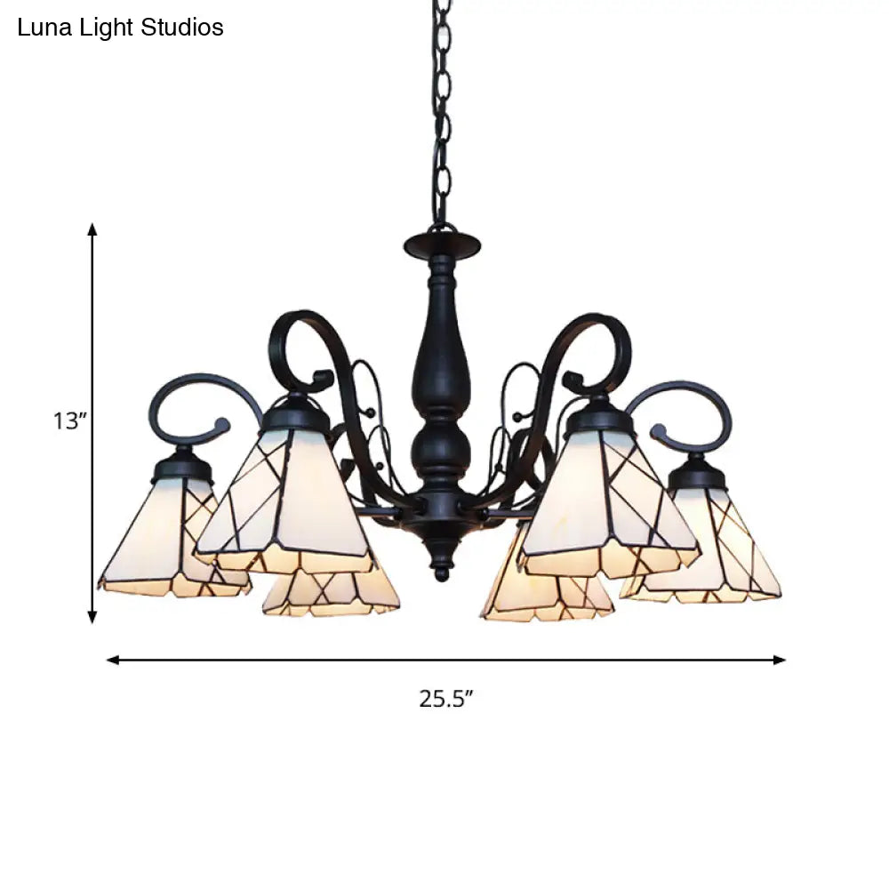 Vintage Indoor Lighting: Multi Light Cone Chandelier With Rhombus/Leaf Pattern Beige Glass For