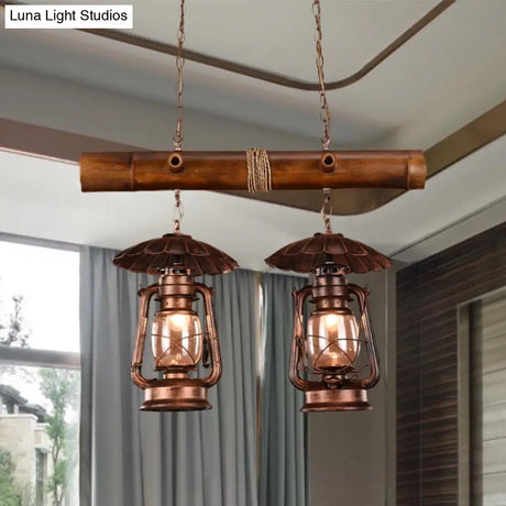 Vintage Industrial 2-Light Island Pendant In Red Brown - Kerosene Metallic Chandelier Lighting