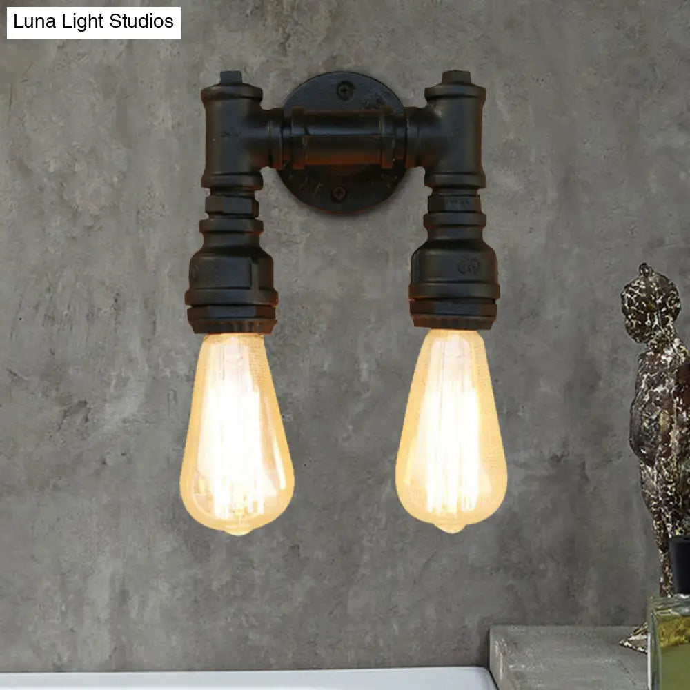 Vintage Industrial 2-Light Wall Sconce With Water Pipe Décor In Black/Antique Brass