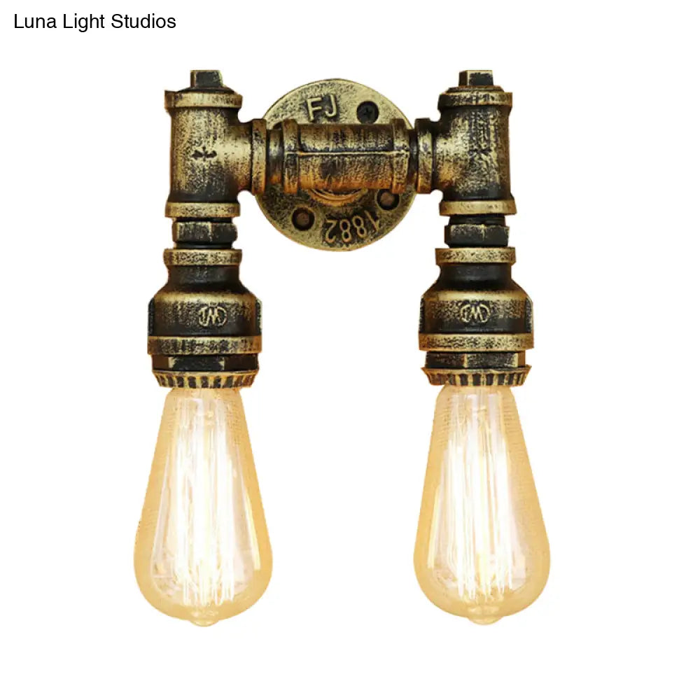 Vintage Industrial 2-Light Wall Sconce With Water Pipe Décor In Black/Antique Brass