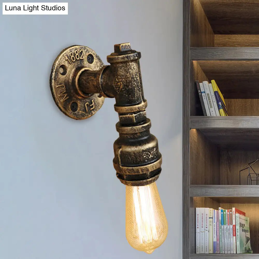 Vintage Industrial Aged Brass Pipe Wall Sconce: Wrought Iron 1-Light Indoor Lighting