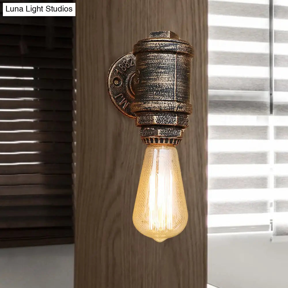 Vintage Industrial Aged Brass Pipe Wall Sconce: Wrought Iron 1-Light Indoor Lighting