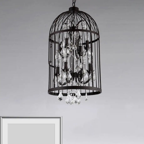 Vintage Industrial Black Metal Pendant Light With Crystal Deco - Multi Birdcage Hanging Design