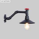 Vintage Industrial Black Metal Wall Lamp Sconce - 1 Head Pipe Light Cone Shade & Valve