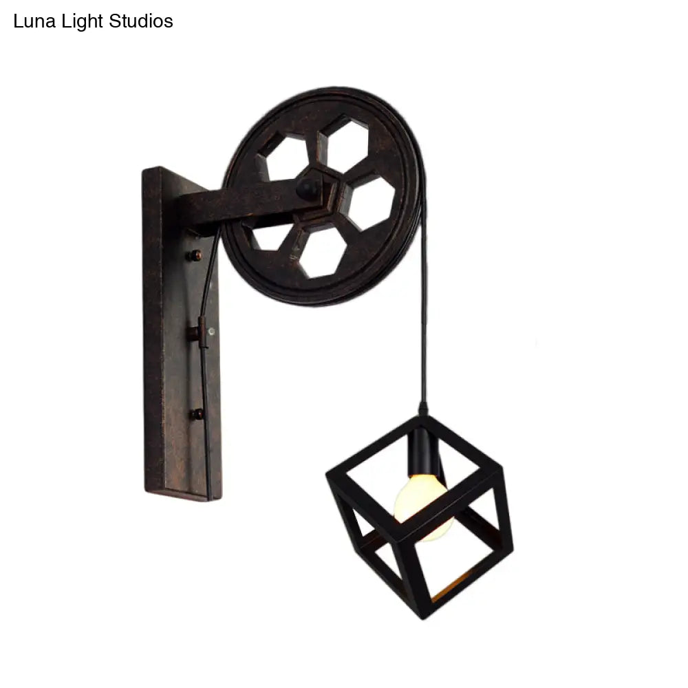 Vintage Industrial Black Wall Sconce Light With Wrought Iron Cage - Farmhouse Lighting