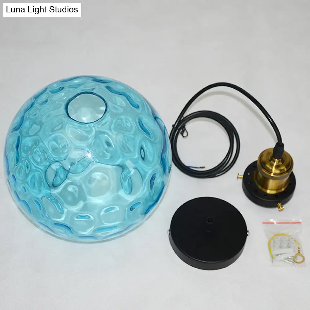 Vintage Industrial Blue Pendant Lamp With Spherical Ripple Glass - Ideal For Living Room