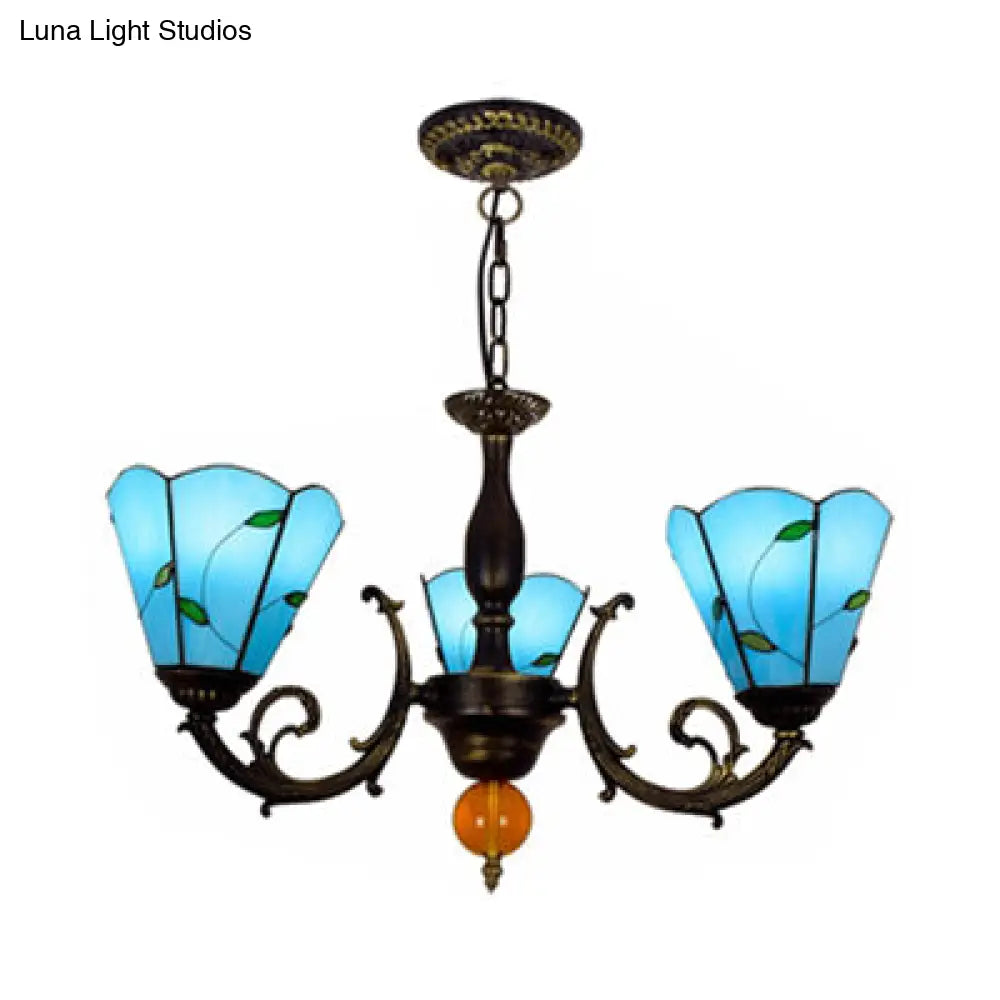 Vintage Industrial Blue Stained Glass 3-Light Chandelier With Leaf Inverted Shade