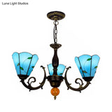 Vintage Industrial Blue Stained Glass 3-Light Chandelier With Leaf Inverted Shade