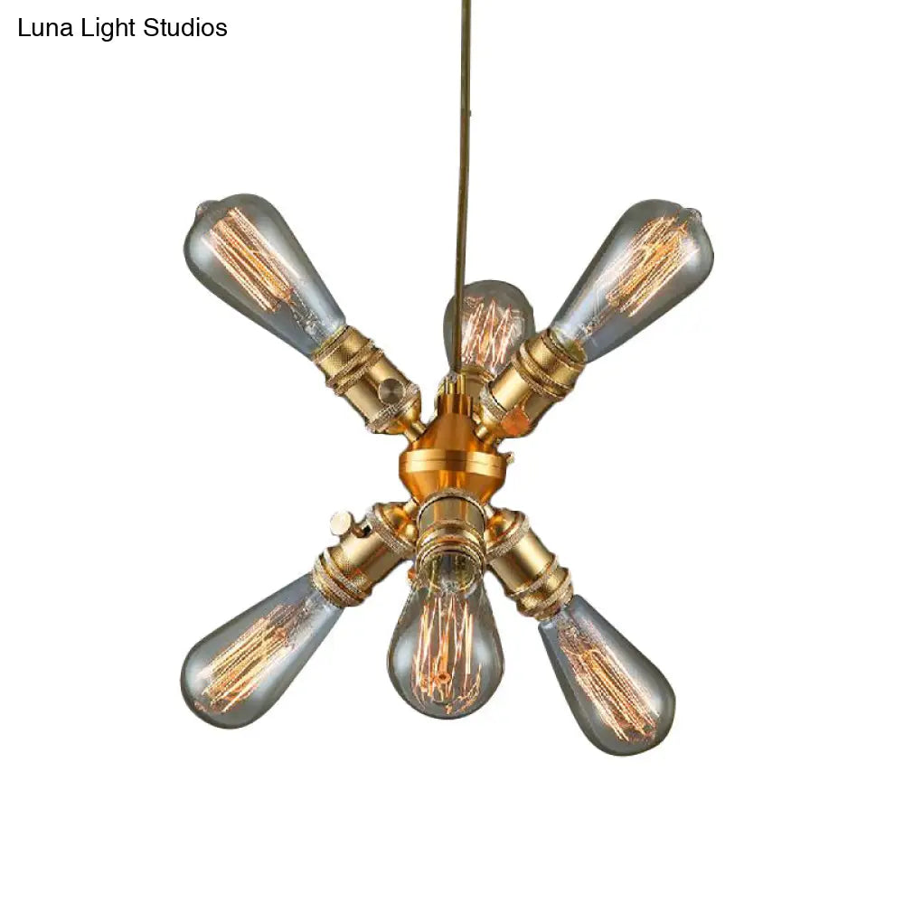 Vintage Industrial Brass Chandelier With 6 Bare Bulb Heads - Perfect For Bars