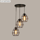 Vintage Industrial Caged Pendant Lighting - 3-Head Metallic Ceiling Light Black