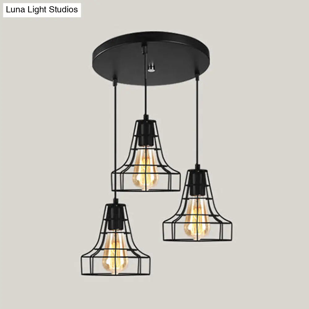 Vintage Industrial Caged Pendant Lighting - 3-Head Metallic Ceiling Light Black