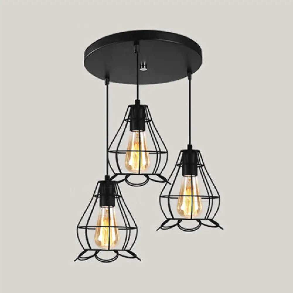 Vintage Industrial Caged Pendant Lighting - 3-Head Metallic Ceiling Light Black / E Round