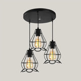 Vintage Industrial Caged Pendant Lighting - 3-Head Metallic Ceiling Light Black / E Round