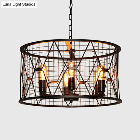 Vintage Industrial Metal 6-Light Pendant Chandelier With Trellis Drum Design