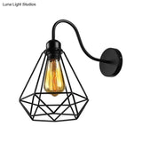 Vintage Industrial Metal Cage Wall Sconce - Square/Diamond Design Black Finish