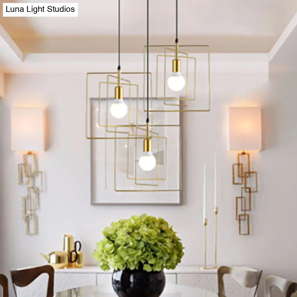 Vintage Industrial Metal Pendant Lighting With 3 Lights For Dining Room Gold Frame Square Design