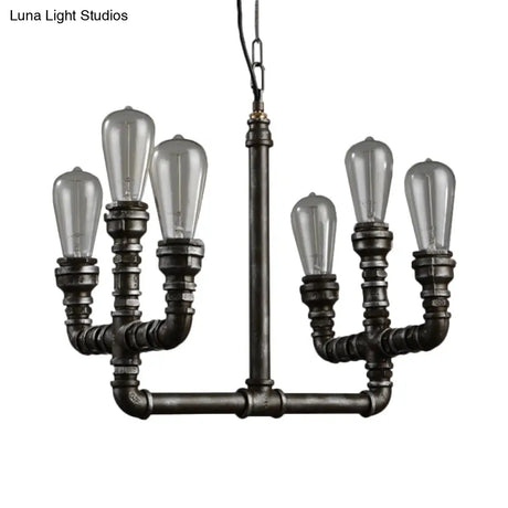 Vintage Industrial Metal Rust Chandelier Pendant Light - 6-Head Open Bulb Design With Hanging Pipe