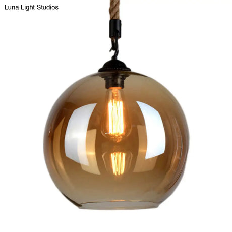 Vintage Industrial Mini Pendant Light With Amber Glass Globe Shade And Adjustable 39 Inch Hanging