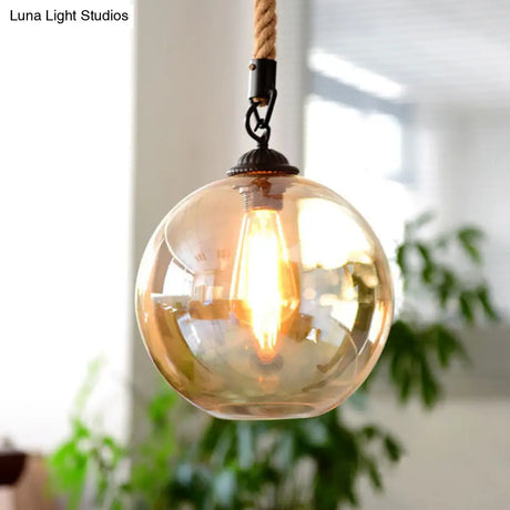 Vintage Industrial Mini Pendant Light With Amber Glass Globe Shade And Adjustable 39 Inch Hanging