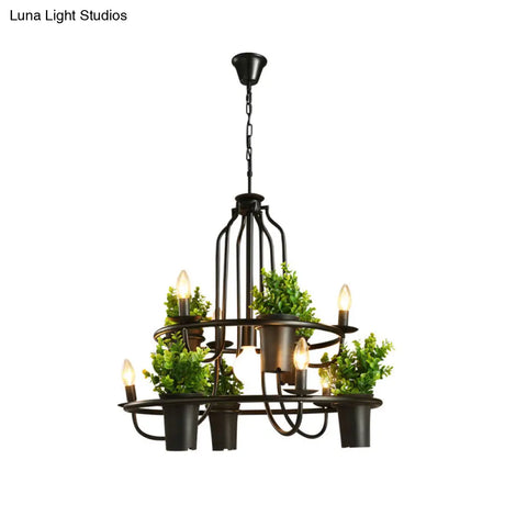 Vintage Iron 7-Light Candelabra Chandelier Pendant With Faux Potted Plant For Restaurants
