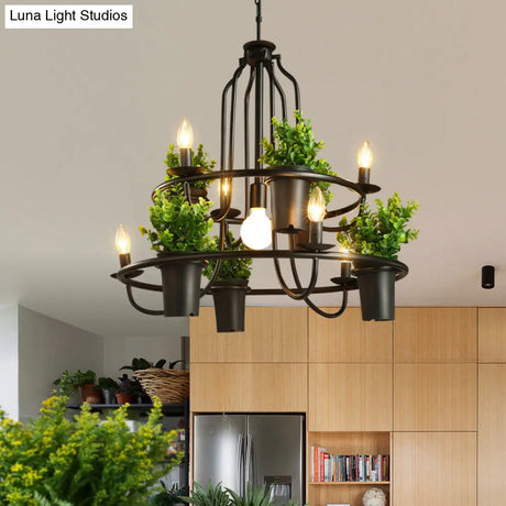 Vintage Iron 7-Light Candelabra Chandelier Pendant With Faux Potted Plant For Restaurants