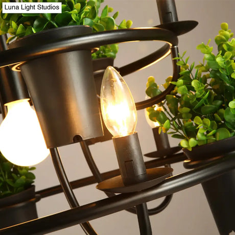 Vintage Iron 7-Light Candelabra Chandelier Pendant With Faux Potted Plant For Restaurants
