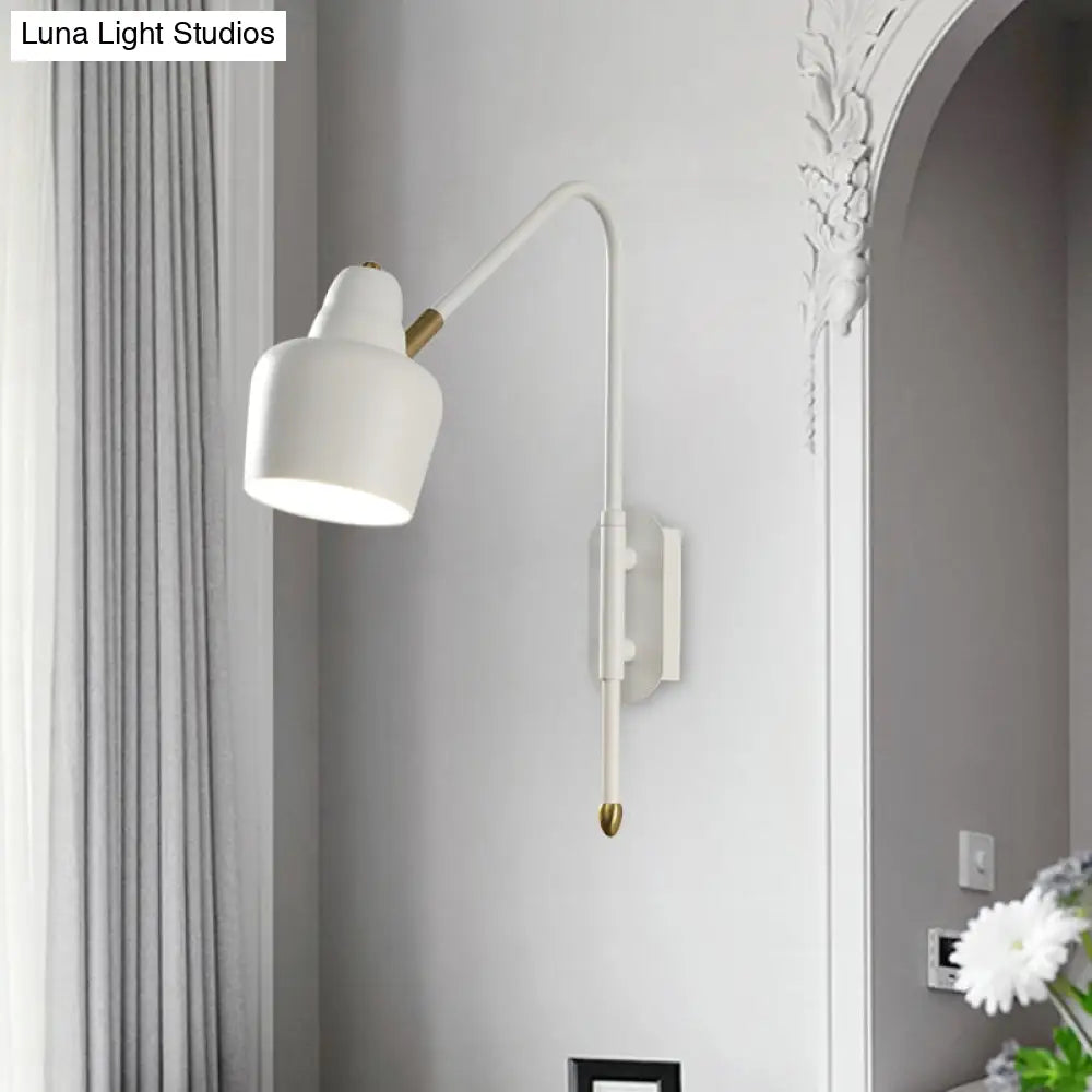 Vintage Iron Bowled Wall Lamp - 1-Light Bedroom Sconce In White/Gold With Curved Arm