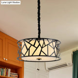 Vintage Iron Cage Drum Pendant Light With Fabric Shade - 5-Head Dining Room Ceiling Fixture In Black