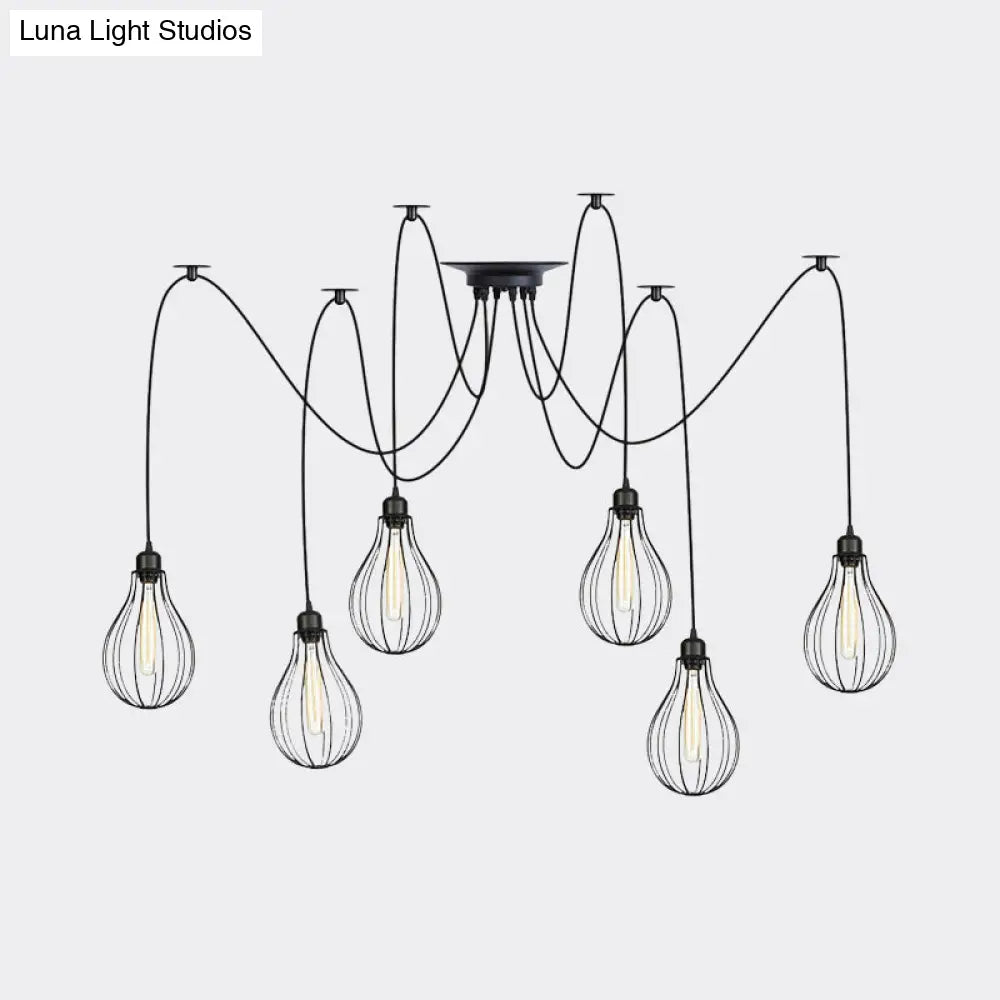 Vintage Iron Pear Cage Hanging Light: 2/3/6-Light Coffee House Swag Pendulum Lamp In Black