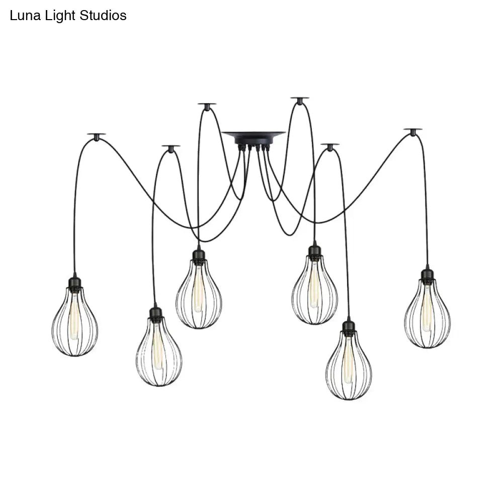 Vintage Iron Pear Cage Hanging Light: 2/3/6-Light Coffee House Swag Pendulum Lamp In Black