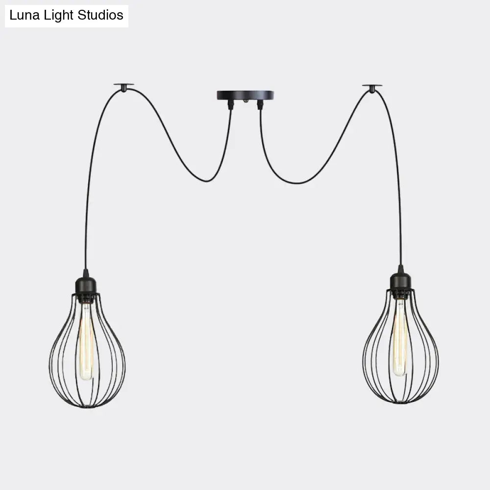 Vintage Iron Pear Cage Hanging Light: 2/3/6-Light Coffee House Swag Pendulum Lamp In Black