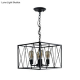 Vintage Iron Pendant Light Fixture With 4 Black Cuboid Wire Frame Heads For Dining Room
