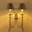 Vintage Iron Swooping Arm Sconce Light - Gold Wall Mount Lamp With Tapered Shade And Carved Spike