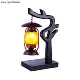 Vintage Kerosene Desk Lamp With Yellow Glass Shade - Copper Finish And Wood Tree Design
