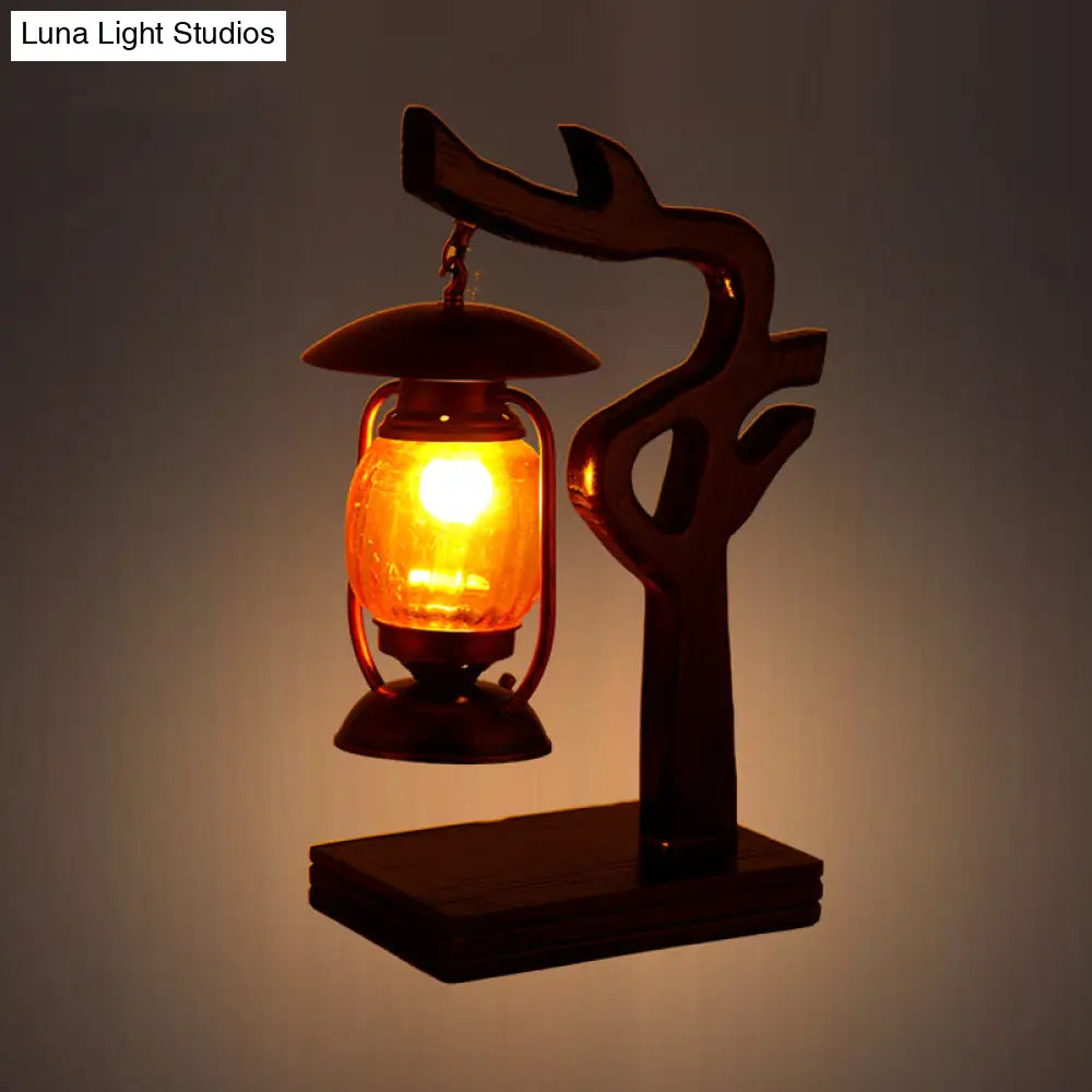 Vintage Kerosene Desk Lamp With Yellow Glass Shade - Copper Finish And Wood Tree Design