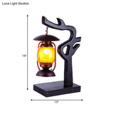 Vintage Kerosene Desk Lamp With Yellow Glass Shade - Copper Finish And Wood Tree Design